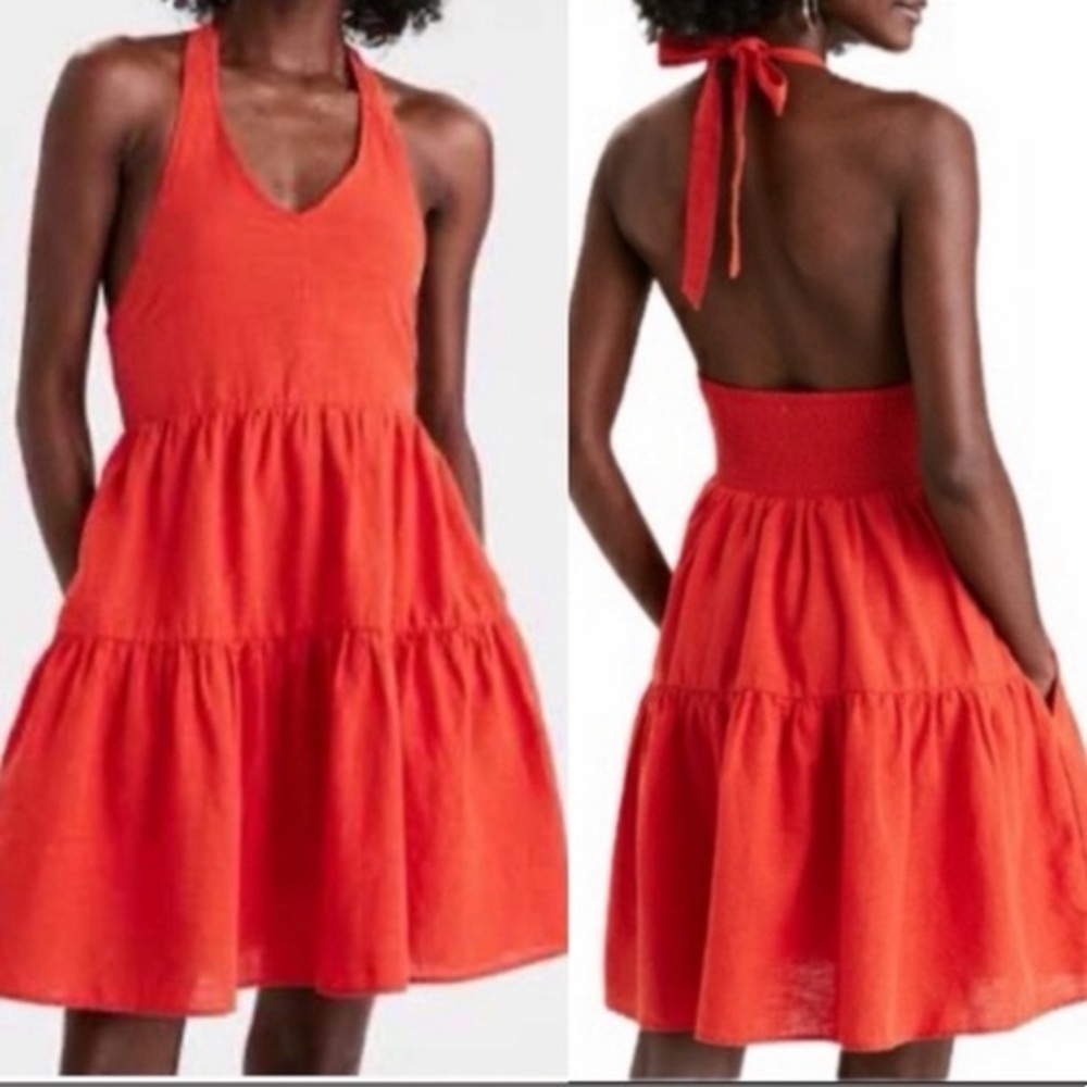 AMERICAN EAGLE RED ORANGE HALTER MINI DRESS